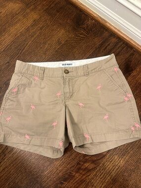 Old Navy Tan Chino Shorts with Pink Flamingo Embroidery 2
